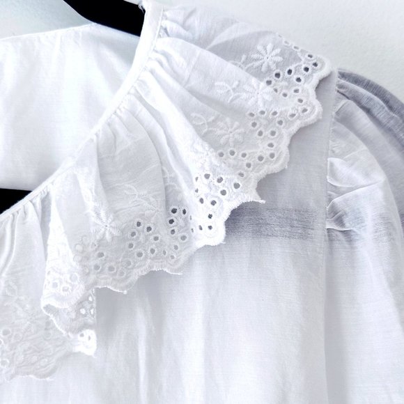 JCREW White Cotton Embroidered Ruffle Collar Top with Eyelet Size 6 - Picture 5 of 9